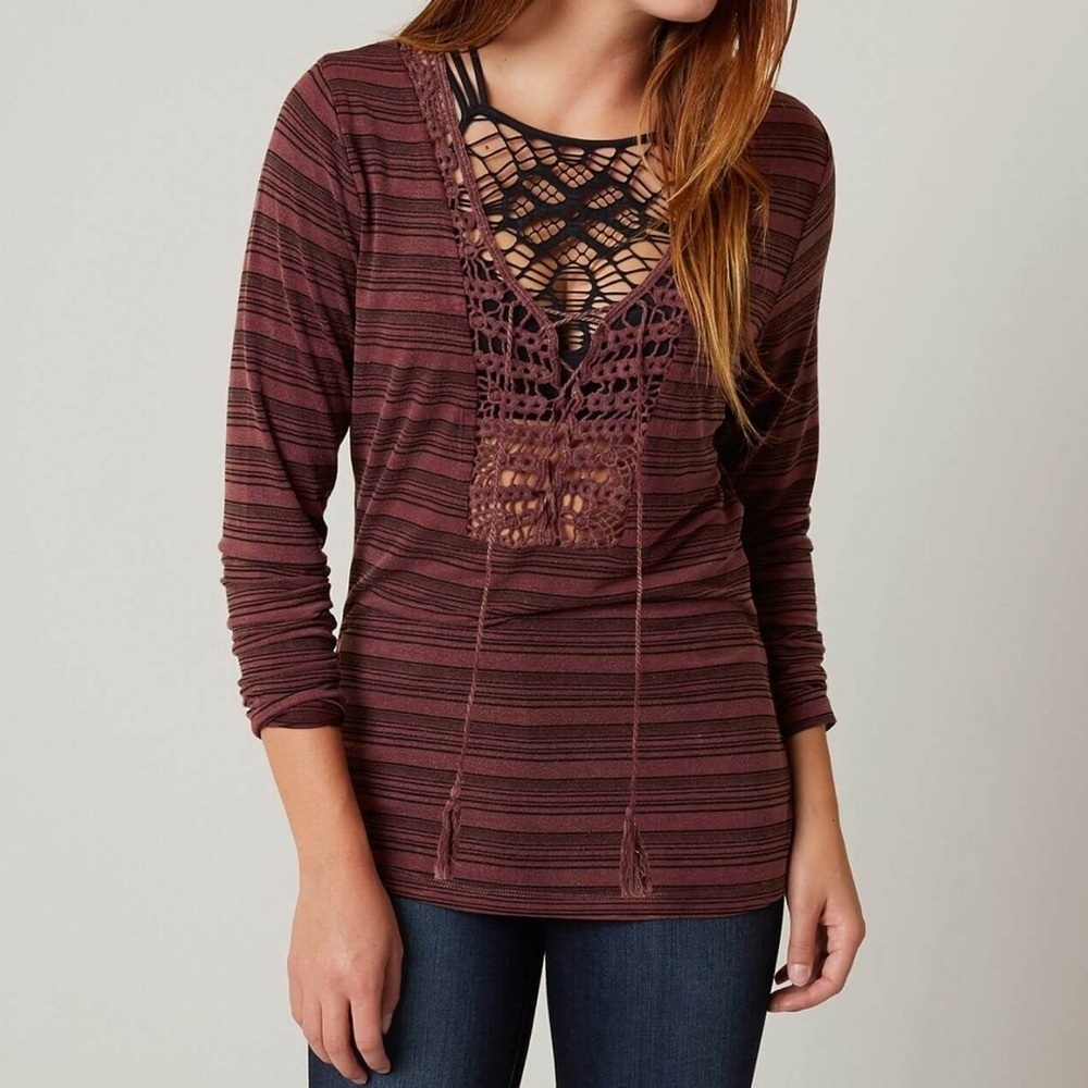 Buckle Washed Crochet Lace-Up Stripe Top